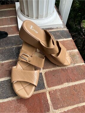 Women's Tan Slip-On Mules with Decorative Buckle